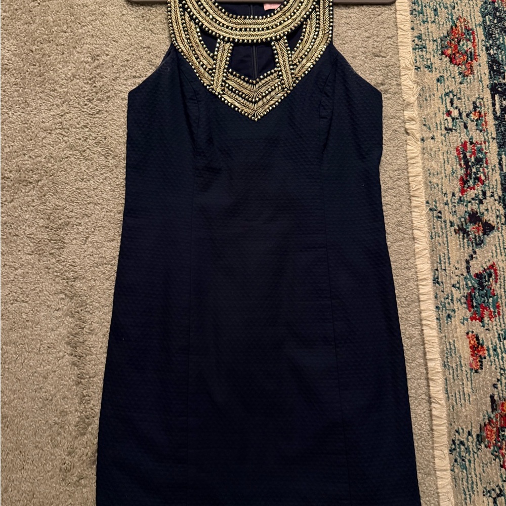 Lilly Pulitzer Dark Blue Dress with Gold Embellished Neckline